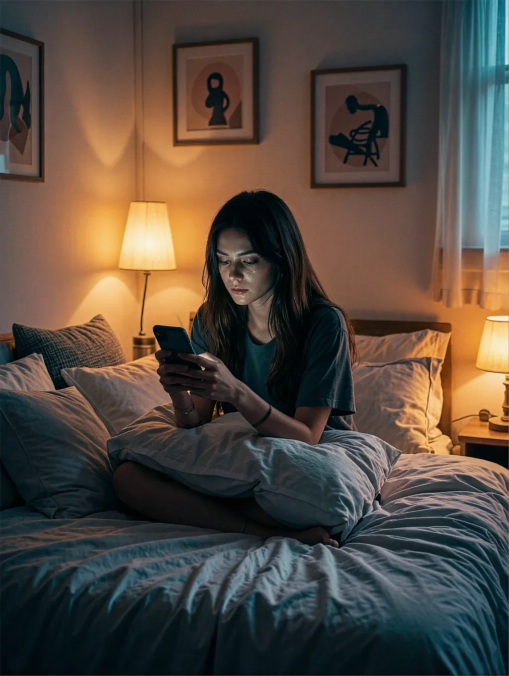 Fictional AI character featured on the fourth landing page, in a dim room