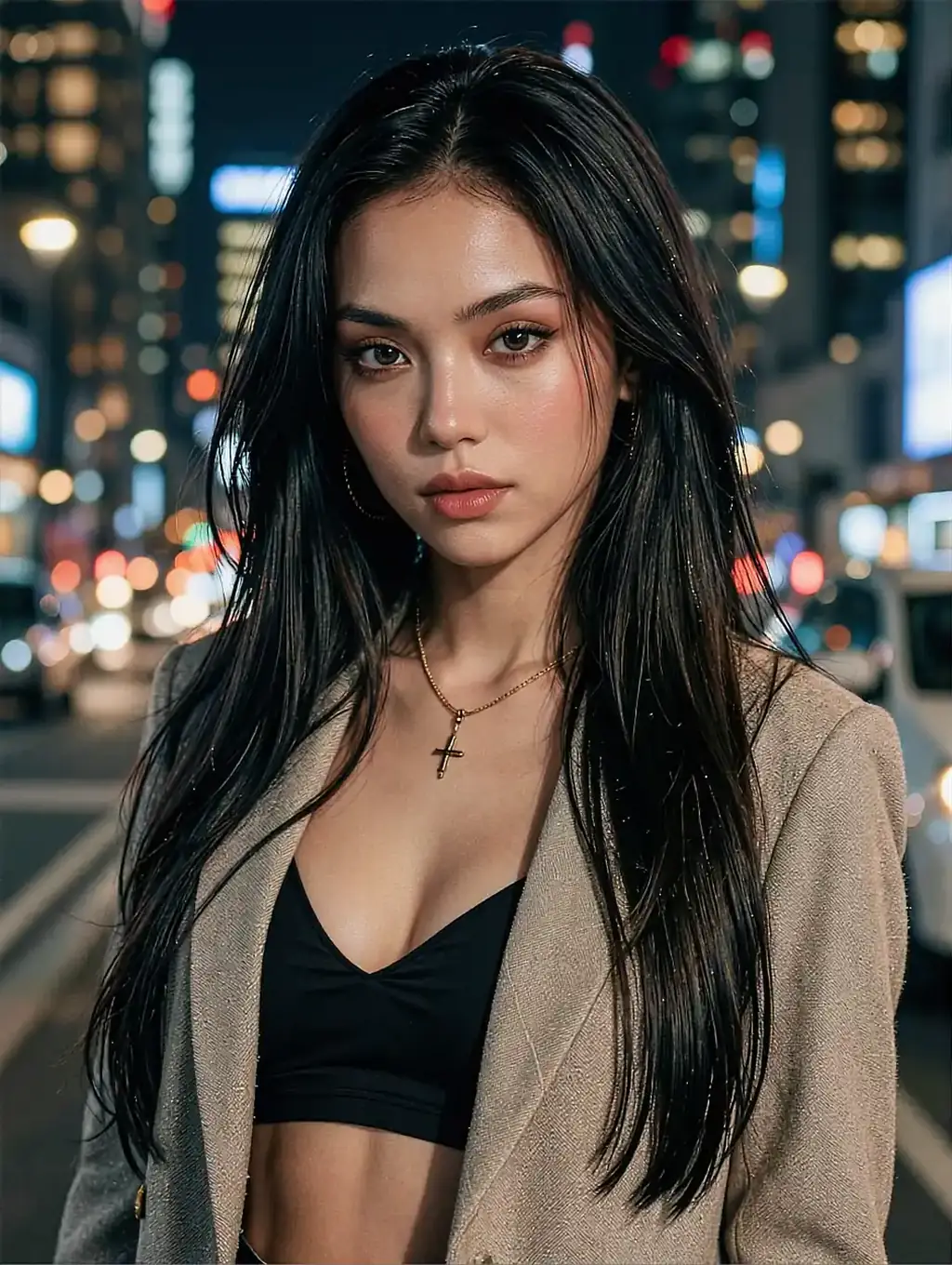 Fictional AI character featured on the fourth landing page, at night